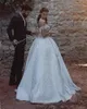 2018 nouvelle robe de bal robe robes de mariée hors épaule manches courtes dentelle applique perles de perles Crystal Corset back cathédrale Train Plus Taille Robes de mariée