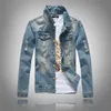 Korean Slim Fit Jackets Mens Denim Clothing Outwear Holes Ripped Coats Biker Motorcycle Windbreak 2023 Light Blue