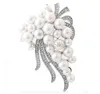 SILVER PLATED White FAUX PEARL VINE BROOCH WIITH RHINESTONE CRYSTALS
