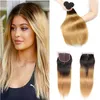 Goedkope Peruviaanse Ombre Virgin Hair Weeft met Sluiting 1b 27 Rechte Blonde Kantsluiting met Bundels Ombre Twee Tone Menselijk Hair Extensions