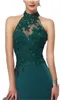 Gratis frakt Nya högkvalitativa formella aftonklänningar Dark Green Elegance Halter spets ärmlös backless Fishtail Prom -klänningar HY142