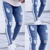 Jeans masculinos joelho buraco lado zíper magro homens aflitos rasgados rasgados para calças de listra