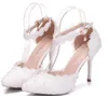 Elegant Lace Pearls Wedding Bridal Shoes For Bride Flowers Designer Sandals 9CM High Heels Pointed Toe White Pink Free Shipping High Quality