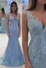 Hot Selling Sweep Train V Neck Sky Blue Mermaid Mother of the Bride Dresses with Appliques Lace for Wedding Party