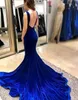 Royal Blue Velvet Evening Gowns Mermaid Spaghetti Backless Side Split Prom Klänningar Enkla Eleganta Formella Klänningar 2019 Lång Klänning Öppna Tillbaka