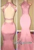 Robe de bal sirène en dentelle rose, Sexy, col haut, dos creux, sans manches, avec des Appliques, robes de soirée, nouvelle collection