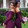 Burgundy Satin Mermaid Long Bridesmaids Dresses Off The Shoulder Beads Appliques Party Dresses Long Sleeve Bridesmaid Dresses HY241