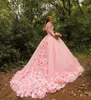 2024 New Romantic Pink Arabic Puffy Ball Gown Quinceanera Dresses Lace 3D Hand Made Flowers Court Train Tulle Party Prom Evening Gowns Wear 403