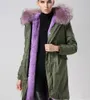 Nuova inserzione Bordi in pelliccia di procione lavanda MEIFENG Parka lunghi in tela verde militare con fodera in pelliccia di coniglio lavanda