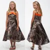 New Hi-Lo Camo Wedding Flower Girls Dresses Spaghetti Straps A Line Tea-Length Junior Bridesmaid Dresses Girls Pageant Dresses299N