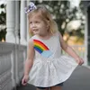 Kinderkleidung, schwarzes Punktmuster, Mädchen-Kleidungsset, modisches Baby-Mädchen-Regenbogen-ärmelloses Oberteil, Minikleid + Shorts, 2-teiliges Kleinkind-Mädchen-Outfit