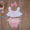 Neugeborenes Baby Mädchen Kleidung Sommer Säuglingskleidung Rüschen Tops + Spitze Quaste Shorts Unterteile + Stirnband 3-teiliges Baumwoll-Kind-Kleinkind-Mädchen-Outfit-Set