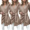 Kadınlar Faux Yün Karışımı Hırka Katı Rahat Ceket Sashes V Boyun Uzun Kollu Çözgü Sonbahar Kış Bandaj Lace Up Palto Dış Giyim