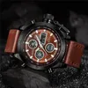 Oulm New Sport Watches Men Top Dual Display Orologio da polso impermeabile da uomo in pelle con lancette luminose Orologio cronografo