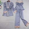 Autumn Women Pajamas Sets Sleep Lounge Satin Sleepwear Lace Silk 3 Pieces Camisole+Robe+Pants Pyjama Femme Home Suit