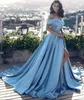 Princess Off Shoulder Prom Dresses 2019 Pattern Big A Line Skirt Side Split Sky Blue Burgundy Satin Formal Gowns Evening Party