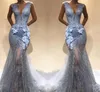 Sjöjungfru Sier Gray Prom -klänningar Sexig Deep V Neck spetsar Appliced ​​aftonklänning Illusion Party klänningar