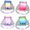 4 stks / partij Top Fashion Boheemse stijl vierkante ring sieraden 925 zilveren romantische bi gekleurde toermalijn zirkoon trouwringen voor vrouw # 7 # 8 # 9
