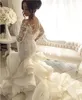 Nowa sukienka ślubna syrena klejnot klejnot iluzja szyi z długim rękawem koronkowe aplikacje marszczyły Kaplicy pociąg residos niestandardowe sukienki ślubne