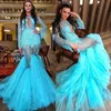 Turquoise Blue Mermaid Prom Dresses 2019 Sexy See Through Sheer Lange Mouwen Avondjurken Tule Sweep Train Appliques Cocktail Party Jurk