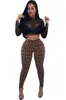 Autunno Donna Sexy Sheer Plaid 2pc Pantalone elasticizzato Collo alto Manica lunga Crop Top Lungo Slim Tailleur Pantalone Party Abiti in due pezzi