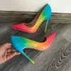 Darmowa wysyłka Opłata Kobiety Pompy Rainbow Multi Color Patent Leather Siate Toe High Heels Brzednie Buty Ślubne Pompy Real Photo