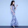 Nova moda verão azul cheongsam vestido de festa mulheres longo rabo de peixe elegante Qipao slim manga curta vestido nacional chinês Tang terno