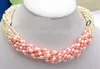 Lustre 10strängige barocke Halskette aus weißen Süßwasserperlen und rosa Korallen