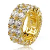 Hip Hop Iced Out Copper Gold/Silver Color Plated Micro Pave CZ Stone 2 Row Round Ring Men Women Charm Jewelry