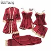 Babyoung 2018 Summer Women Silk Bride Robe Toppar Shorts Pajamas Sexiga Långärmad Bröllop Robes Set Camisole Lace Nightwear 5 st