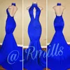 2018 robes de bal en satin rouge col haut appliques de dentelle perlées sexy dos nu sirène longues robes de soirée bleu royal robes d'occasion spéciale