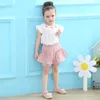 Girls' round collar flying sleeves T-shirt with flower+ shorts two pieces clothes set children outfits kids boutiques suits