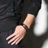 Free Engraving Matt Blank Curved Plate Leather & Stainless Steel Bracelet Wrap Black Wristband Gifts for Men