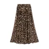 Tingyili Sommer Frauen Lange Leoparden-Druck Rock Elastische Hohe Taille Chiffon Plissee Slim Fit Casual Maxi Rock