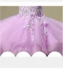 Långt efterföljande flickas sida Födelsedagsfestklänningar Appliques Violett Tulle Flowers Girl Princess Dress Fluffy Kids First Communion Dresses