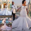 African Cheap South Mermaid Wedding Dresses Lace Appliques Crystal Beads Plus Size Long Sleeves Sheer Neck Bridal Gowns Chapel Train