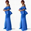 Attraktivt V-ringning av axelklänningar Sexig kändis ärmlös Sash Mermaid Formal Party Dress Simple Blue 2018 Long Evening Dress