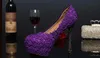 럭셔리 퍼플 컬러 웨딩 신발 얕은 입 라운드 발가락 레이스 신발 14cm 높은 뒤꿈치 펌프 신부 패션 드레스 신발