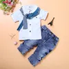 Mode barn kläder baby pojke kläder uppsättningar våren hösten gentleman kostym toddler pojkar kläder kortärmad skjorta jeans halsduk 3pcs outfits