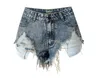 Kvinnor Slim Fit High midjen sliten effekt Tassel Snowflake Vintage Denim Shorts