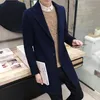 Мужчины Хаки Синий Длинная Длина Пальто Мода Полушерстяные Slim Fit Парки Человек Зима Отворот Шеи Пальто