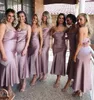 Deep Lilac Ankle Length Bridesmaid Dresses Sexy Spaghetti Straps Ruched Satin Wedding Party Dress Sexy African Short Mermaid Cocktail Dress