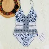 Novas Mulheres Uma Peças Bikini Oco Net Fios Swimwear Série flor impressão Acolchoado Beachwear Monokini Maiô