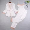 Autumn Women Pajamas Sets Sleep Lounge Satin Sleepwear Lace Silk 3 Pieces Camisole+Robe+Pants Pyjama Femme Home Suit