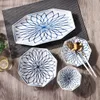 Octogonal em forma de jantar japonês Conjunto de porcelana azul e branca Placas de pratos de pratos de garoto de arroz Placas de molho pratos de chá xícaras de chá