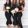 Graceful Black Lace Bridesmaids Dresses Jewel Neck Sleeveless Zipper Back Wedding Guest Dress Fashion Hi-Lo Mermaid Prom Party Dress Cheap