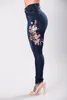 3XL Bayan Denim Çiçek Nakış Yüksek Streç Kot Büyük Yard Işık Koyu Mavi Tayt Pantolon Yüksek Bel Pantolon