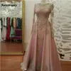 Real Photo Modest Erröten Rosa Ballkleider Langarm Spitze Applikationen Kristall Party Kleider Abendgarderobe vestidos de fiesta