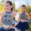 Navy Short Prom Dresses Two Pieces Dresses Beaded Graduation Party Dresses Custom Made Homecoming Gowns HY00726