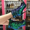 반짝이는 공작 녹색 장식 조각 Peep 발가락 얇은 하이힐 발목 부츠 여성 섹시한 반짝이 무대 쇼 블링 보트 신발